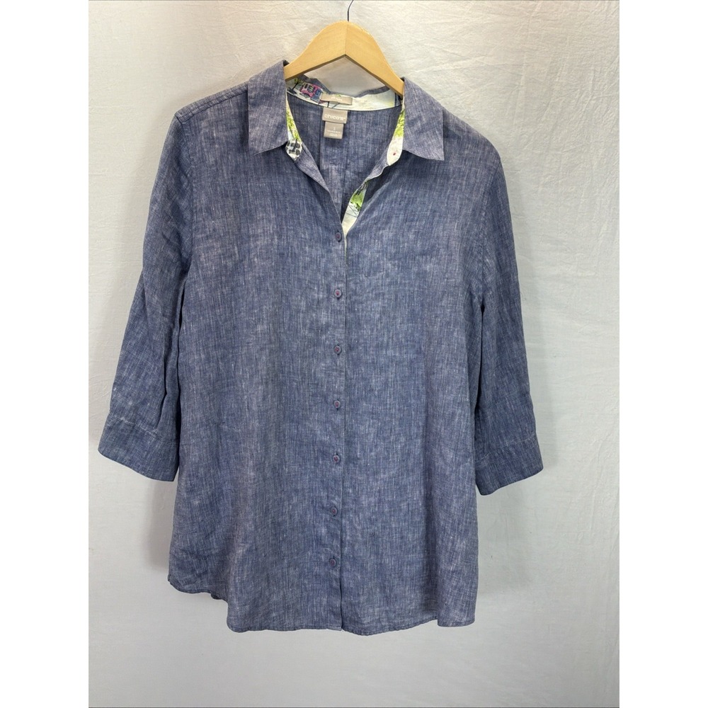 Chico's Women 100% Linen Long Sleeve Shirt Size 3/XL Blue Chambray Denim Look